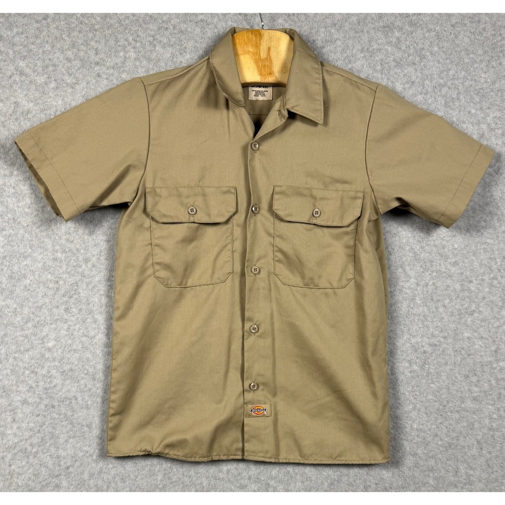 Dickies Work Shirt Boys L 14/16 Khaki Short Sleeve Button Down Twill Pockets